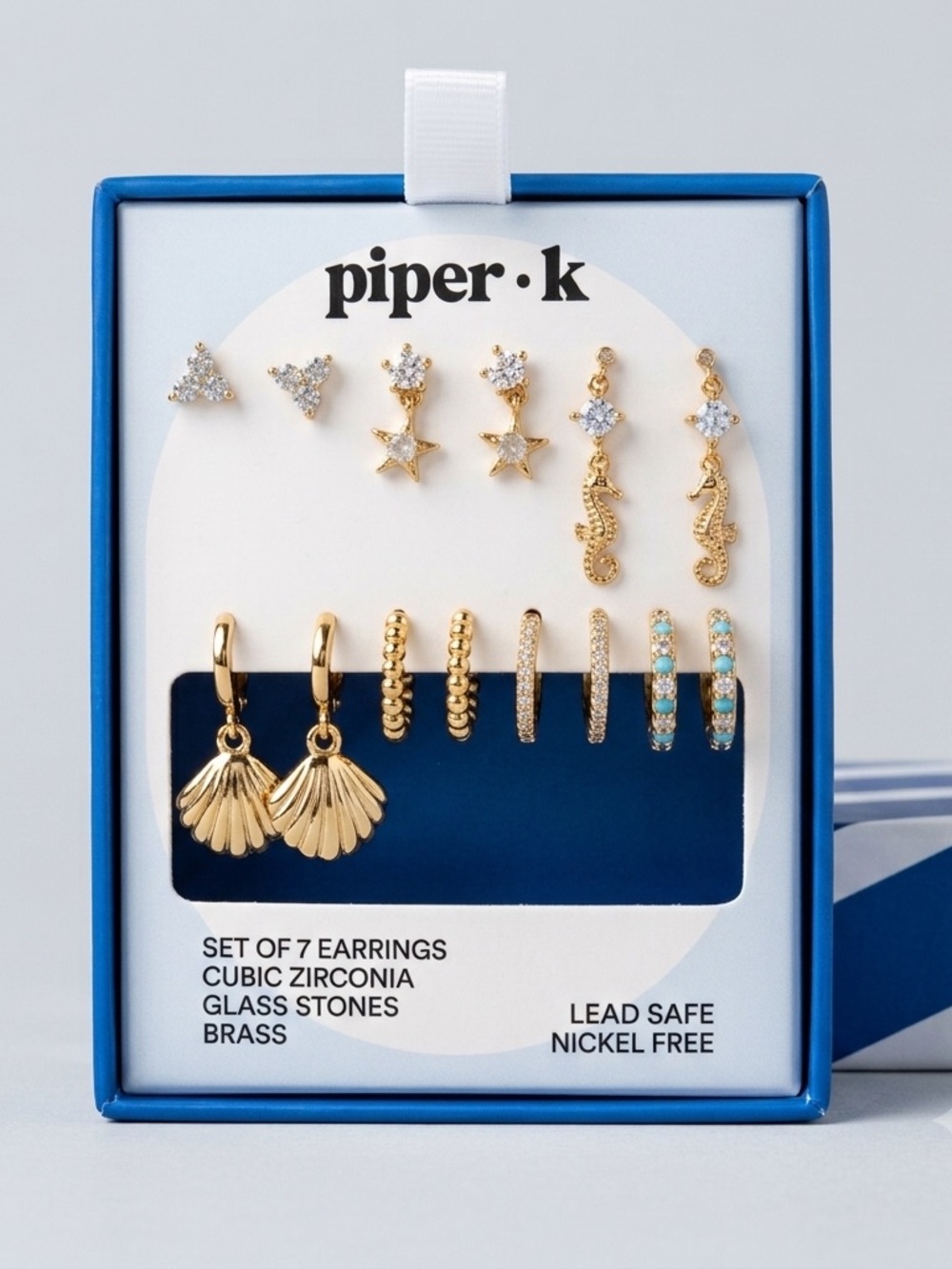 Piper k Gold and Blue 7-Pair Earring Set Nautical Sealife Small Hoops Dangles - Picture 2 of 2